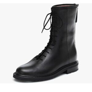 XYD Black Girls Lug Sole Stacked Chunky Heel Front Lace Up Back Zip Combat Boots